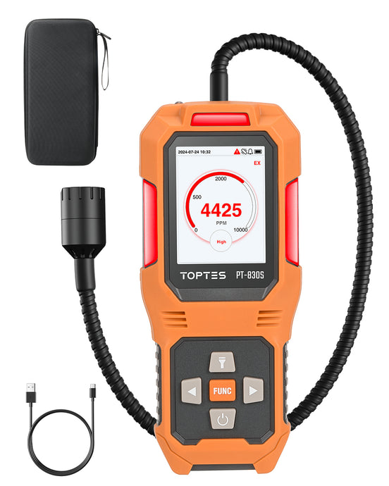 TopTes PT-830S Rechargeable Gas Leak Detector with 14.5 inch Flexible Probe, Range 0-10000 ppm, TFT Color Display & 3 Types Alarm